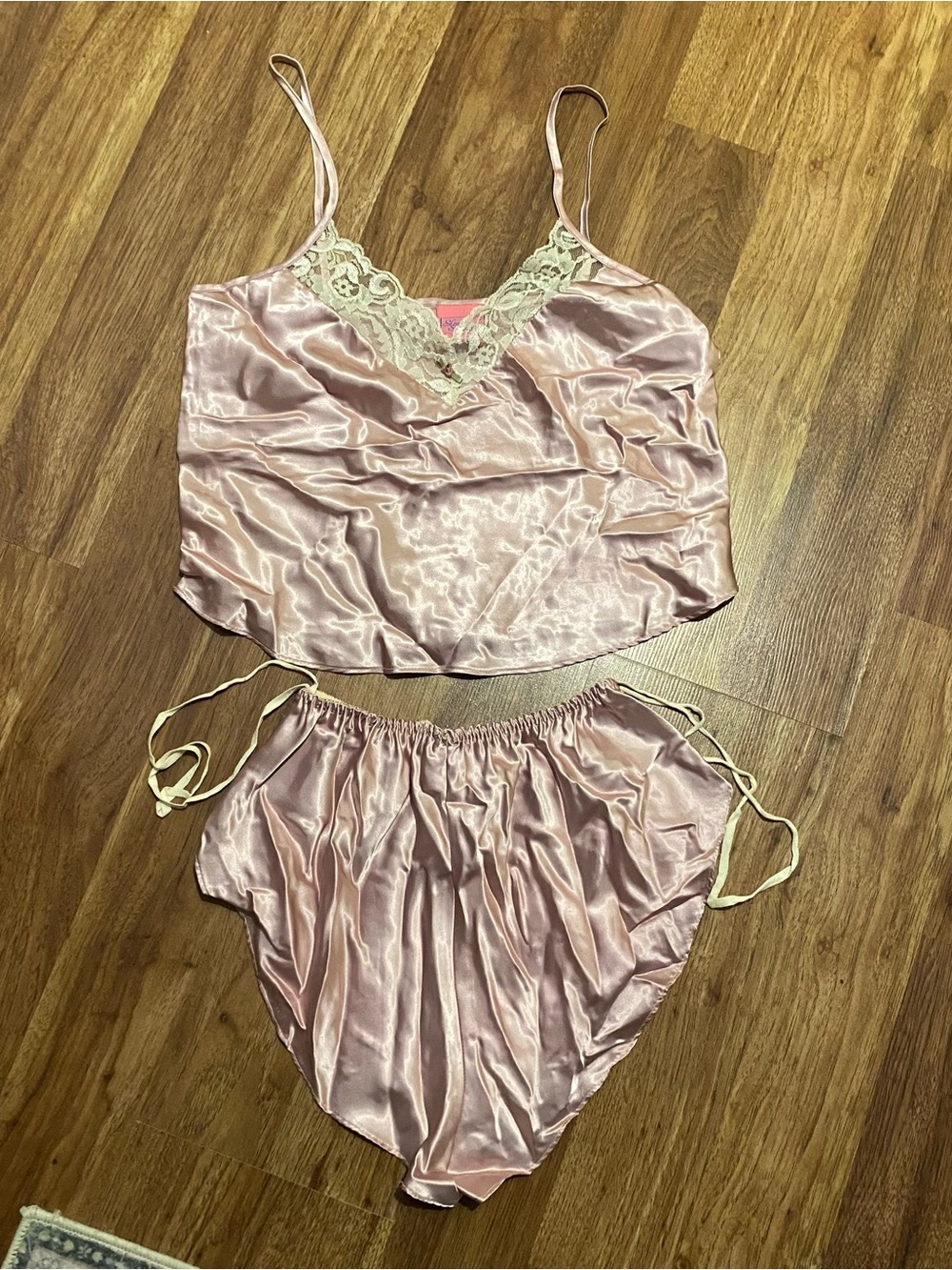 Vintage Pink Satin Lace-Trim Cami & High-Waist Shorts Set